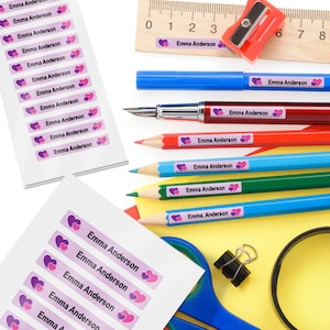 34 MINI LABELS, Pen Labels, Pencil Labels, Crayon Labels, School Supply Labels (Heart #2 Design)