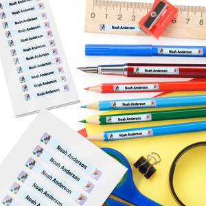 34 MINI LABELS, Pen Labels, Pencil Labels, Crayon Labels, School Supply Labels (Artist Design)