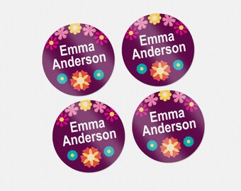 24 ROUND Daycare Labels, Name Labels for Kids (Flower #1)