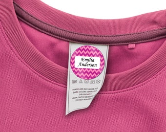 48 ROUND Stick On Laundry Labels for Clothing, Washable Clothing Labels, Laundry Safe Name Tags for Clothes (Pink Chevron design)