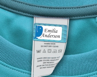 60 Clothing Tag Labels, Daycare Labels for Clothing, Personalized with your Name (Whales Design)