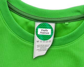 48 ROUND Stick On Laundry Labels for Clothing, Washable Clothing Labels, Laundry Safe Name Tags for Clothes (green chevron design)