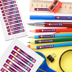 34 MINI LABELS, Pen Labels, Pencil Labels, Crayon Labels, School Supply Labels (Flower #1 Design)