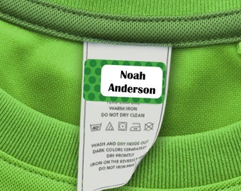 60 Clothing Tag Labels, Laundry Safe Labels for Clothing, Personalized with your Name (Green Polka Dot Design)