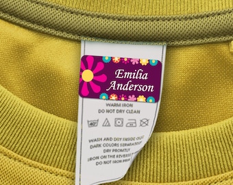 60 Clothing Tag Labels, Laundry Safe Labels for Clothing, Personalized with your Name (Flower #1 Design)