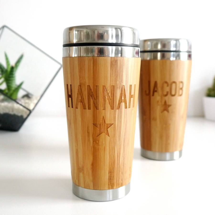 Couples Nom Bamboo Mugs, Ensemble de 2 Tasses à Café Personnalisées, Cadeau Couples, Tasse Voyage, E