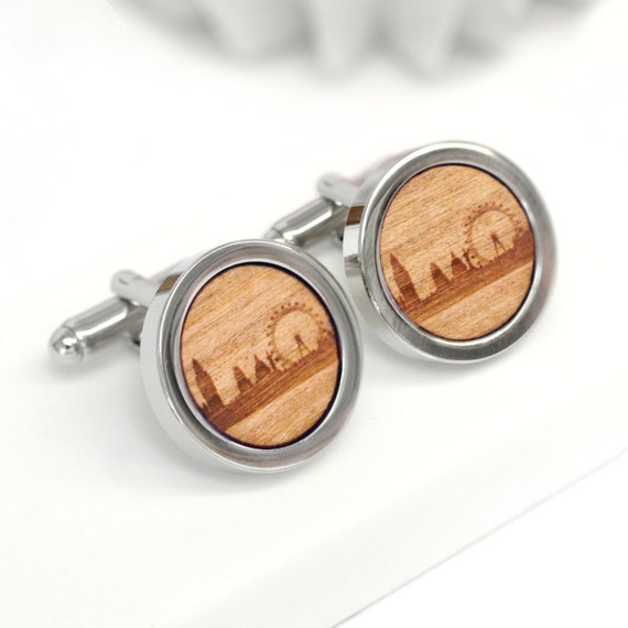 Groomsman Gifts and Personalized Wedding Gifts London Skyline Wood Cufflinks Gift For Him