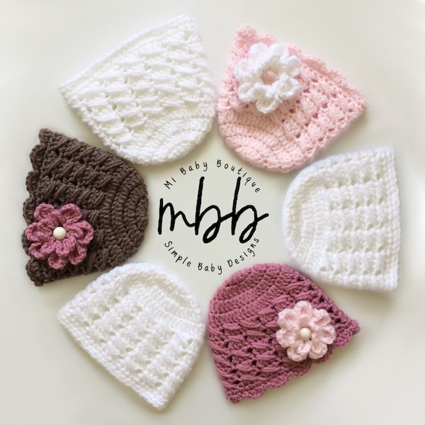 Dressy Crossover Baby Cap with Flower | CROCHET PATTERN | 6 Sizes | Scalloped Edge | Girl | Boy | Preemie Hat Pattern | Newborn | Gift
