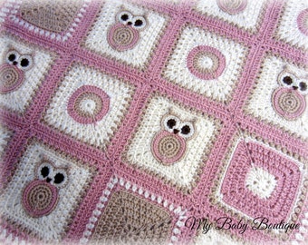 X n' O's Owl Baby Blanket | Crochet Pattern| Throw| Square| Infant| Child| Gift| Baby Shower| Present| Boys| Girls