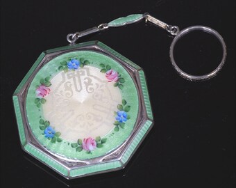 1920s Art Deco Pale Green Chatelaine Compact with Finger Ring