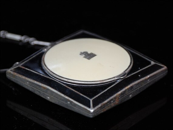 Vintage Cream & Black Enamel Dance Compact with W… - image 4
