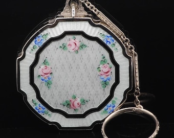 Antique Mayfair Hand Painted Guilloche Enamel Compact with Finger Ring