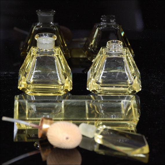 Vintage Art Deco German Yellow Glass Perfume Bottle Set With Under