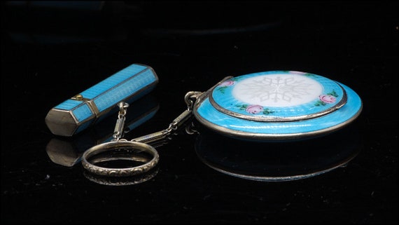 Antique FB & Co Blue Guilloche Enamel Dance Compa… - image 9