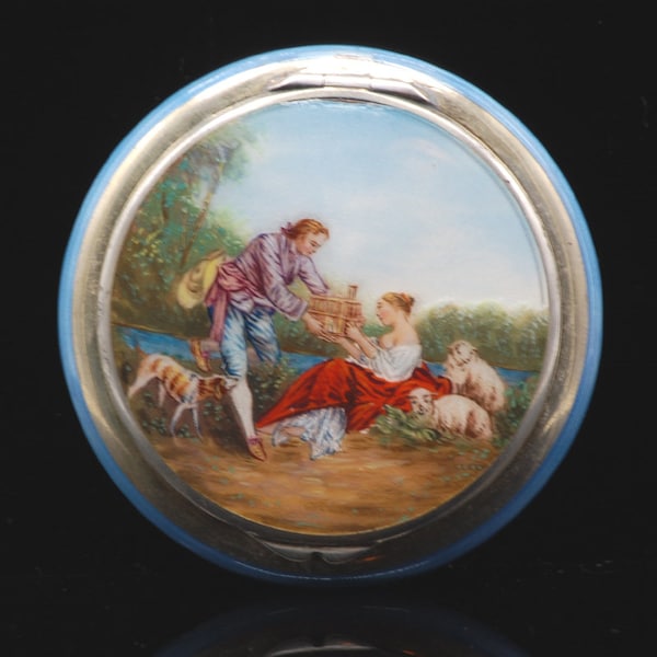 Antique 1920 Hand Painted Guilloche Enamel Pastoral Courting Scene Compact