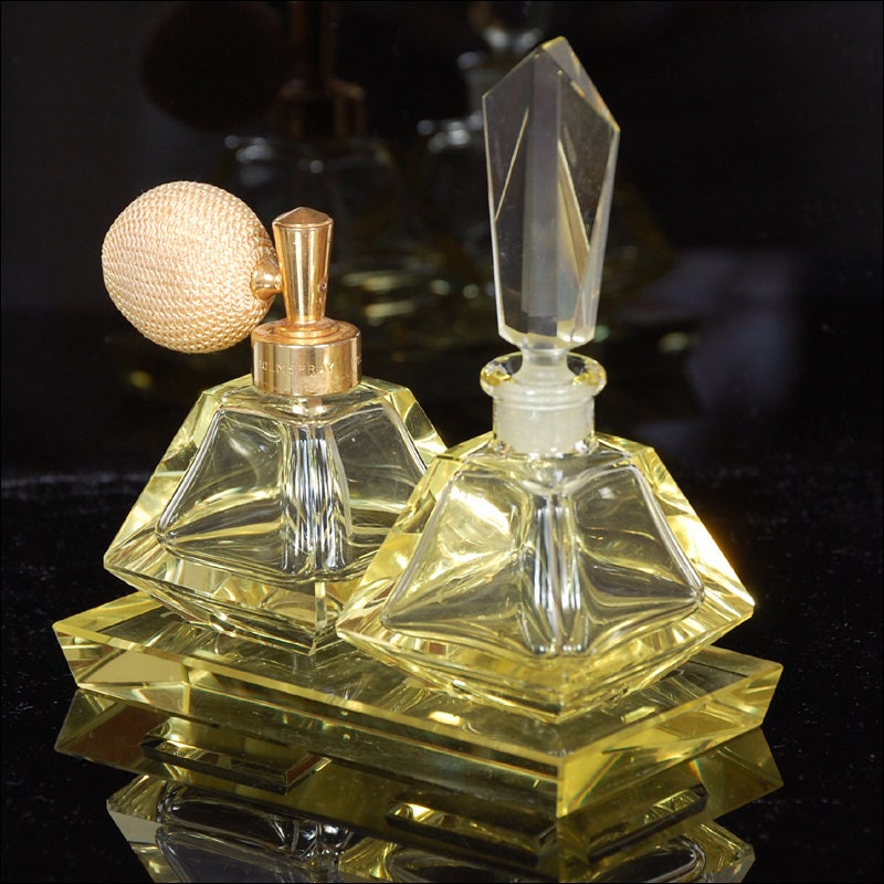 Vintage Art Deco German Yellow Glass Perfume Bottle Set With Under