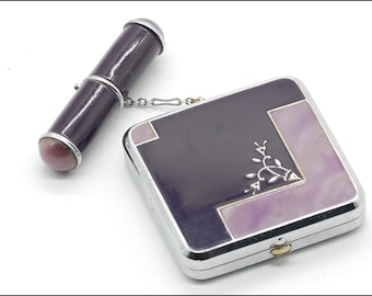 Evans Art Deco Tango Double Compact with Attached Lipstick Tube and Holder