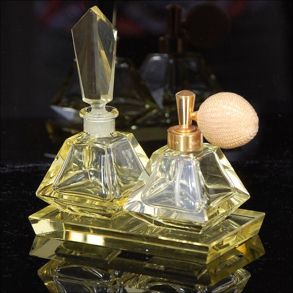 Vintage Art Deco German Yellow Glass Perfume Bott… - image 2