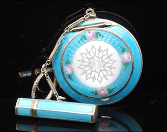 Antique FB & Co Blue Guilloche Enamel Dance Compact with Attached Finger Ring and Lipstick Case