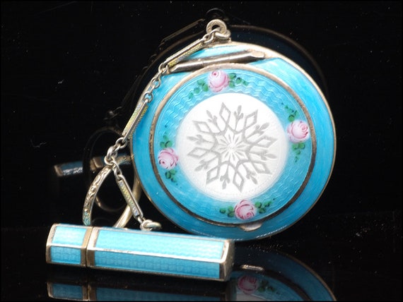 Antique FB & Co Blue Guilloche Enamel Dance Compa… - image 1