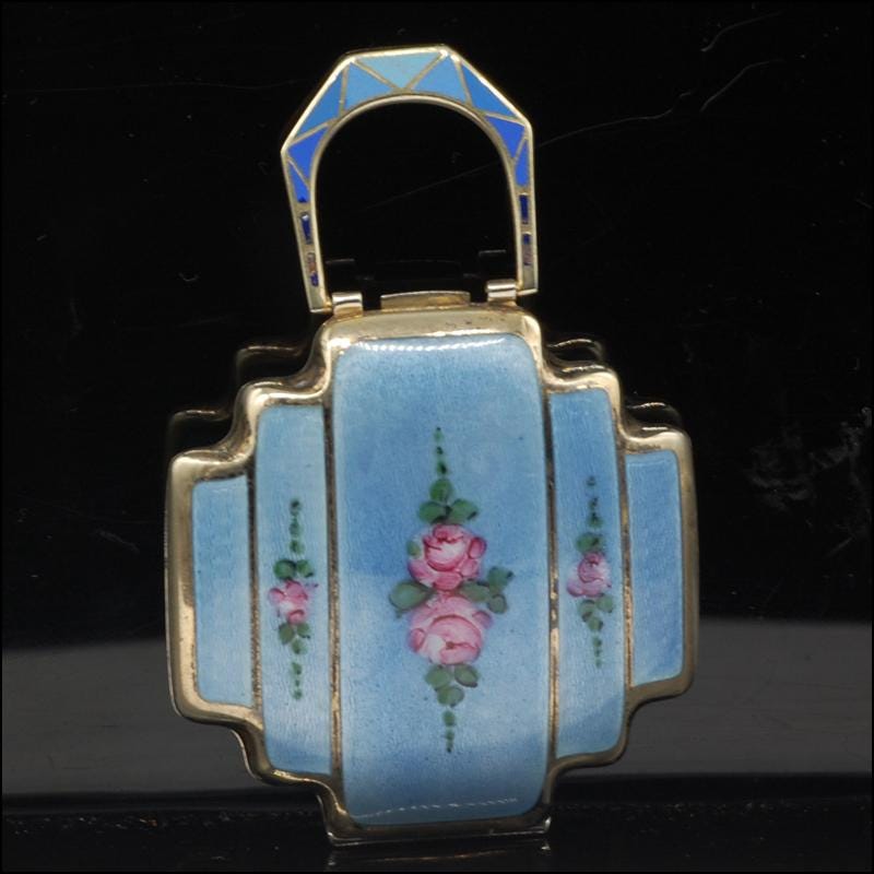 1920s Antique Art Deco Blue Guilloche Enamel Double Powder and Rouge Compact with Finger Handle