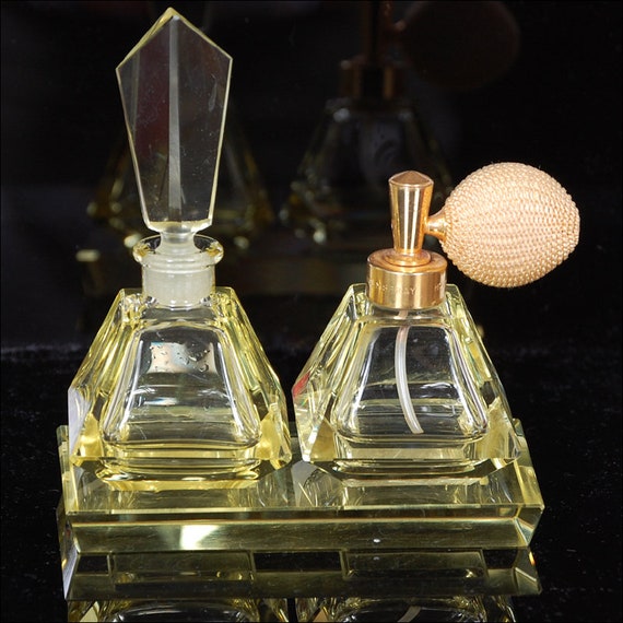 Vintage Art Deco German Yellow Glass Perfume Bott… - image 3