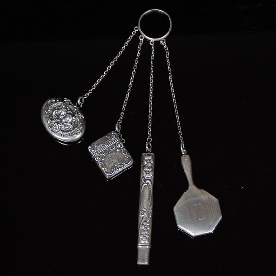 Antique Sterling Silver Chatelaine with Finger Ri… - image 1
