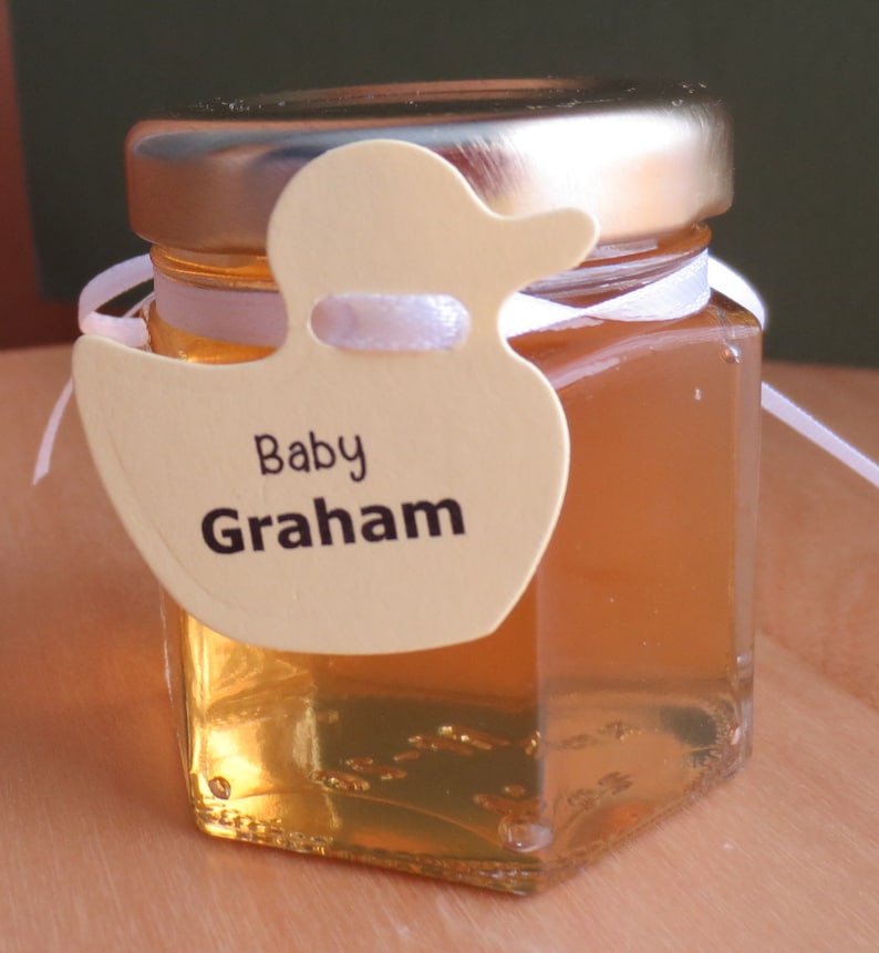 1.5 Ounce Hexagon Glass Jars with Tag and Ribbon Baby Shower Favor Honey Custom Edible Duck Decoration Boy 24 Honey Favours Girl