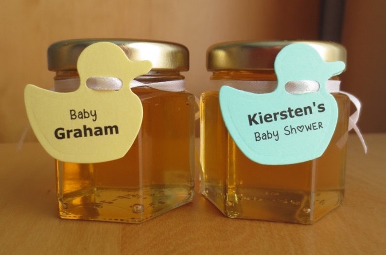 1.5 Ounce Hexagon Glass Jars with Tag and Ribbon Baby Shower Favor Honey Custom Edible Duck Decoration Boy 24 Honey Favours Girl