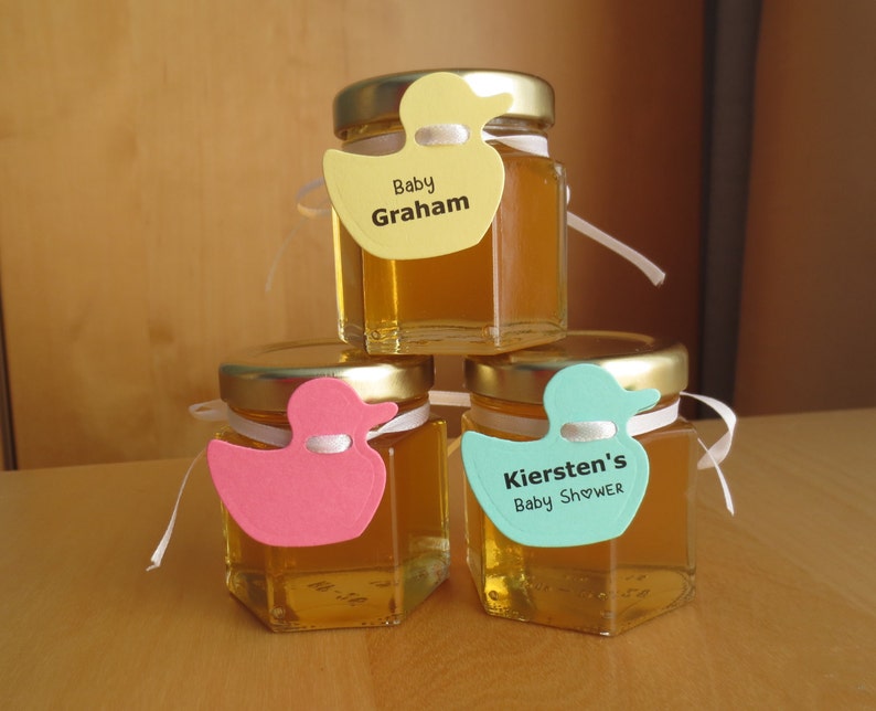 1.5 Ounce Hexagon Glass Jars with Tag and Ribbon Baby Shower Favor Honey Custom Edible Duck Decoration Boy 24 Honey Favours Girl