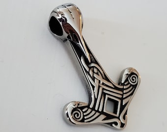 Stainless Steel Viking Mjolnir, Thor's Hammer Raven Skull, Norse Viking Pendant, 48x35 mm, 1 Pc.