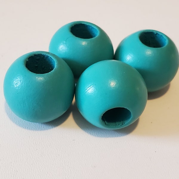 25 mm turquoise green beads,9 mm hole, 4 beads,  large hole wooden round beads, big beads, macrame beads