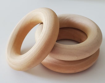 3 Unfinished wood rings 2 1/4" (55 mm), natural wood donuts, wooden rings, jewelry supplies, macrame supplies, smooth wood rings
