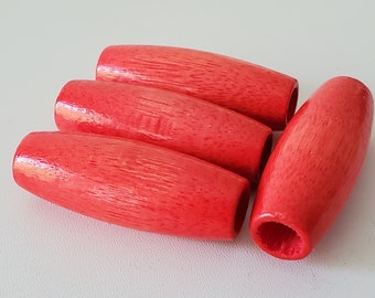 2 Inch Long Light Red wood tube beads, hole size: 8mm, XL tube beads, wooden tube beads, large hole beads, macrame beads, 4 beads