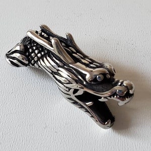 May include: A silver-colored dragon head pendant with detailed scales and open mouth. The pendant is made of a shiny metal and is likely a piece of jewelry, possibly a necklace charm or a decorative element.