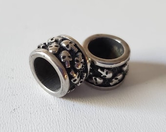 304 Stainless Steel Skull Beads, Hole: 8.5 mm, large Hole Beads, 2 Pcs. Column with Skulls, Antique silver, 12.5x8.5mm, spacer beads