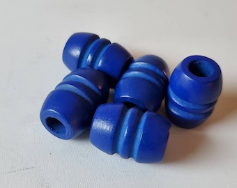 Large  Royal Blue wood barrel beads, 5 beads, 28X20 mm, 9 mm hole, macrame beads, wooden beads, large hole beads, grooved beads