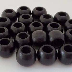 14 mm round wood beads, 0.55, 20 beads, large hole beads, size:14X11 mm, 7 mm hole, macrame bead, wooden bead, jewelry bead Black