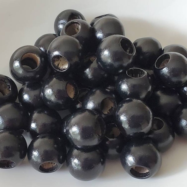 12 mm Black round wood beads, large hole beads, 40 beads, hole 5 mm, macrame beads, jewelry beads, wooden beads