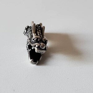 May include: A detailed, silver-colored dragon head pendant. The dragon's features include textured scales, horns, and an open mouth revealing teeth. The pendant is set against a white background.