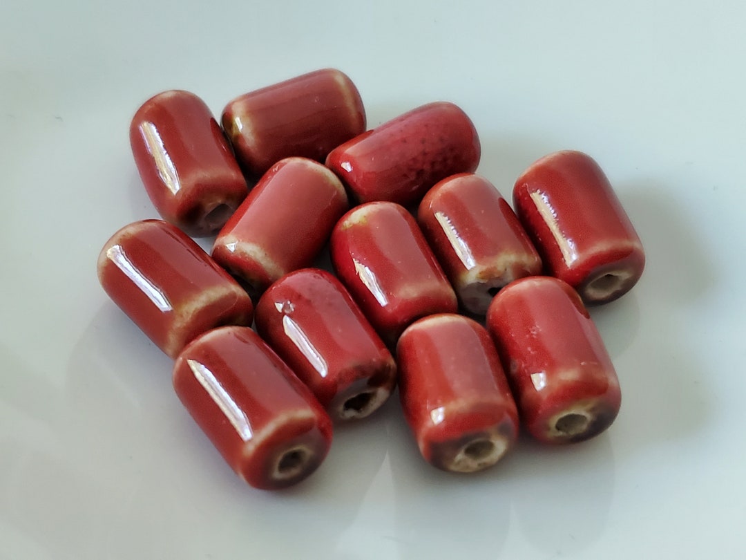 Red Glazed Ceramic Tube Beads, Porcelain Tube Beads, 14x8.5 Mm, Hole