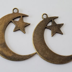 2 - Moon and star antique bronze pendants, 44x33x2mm, Tibetan Style Alloy Pendants, large crescent Moon