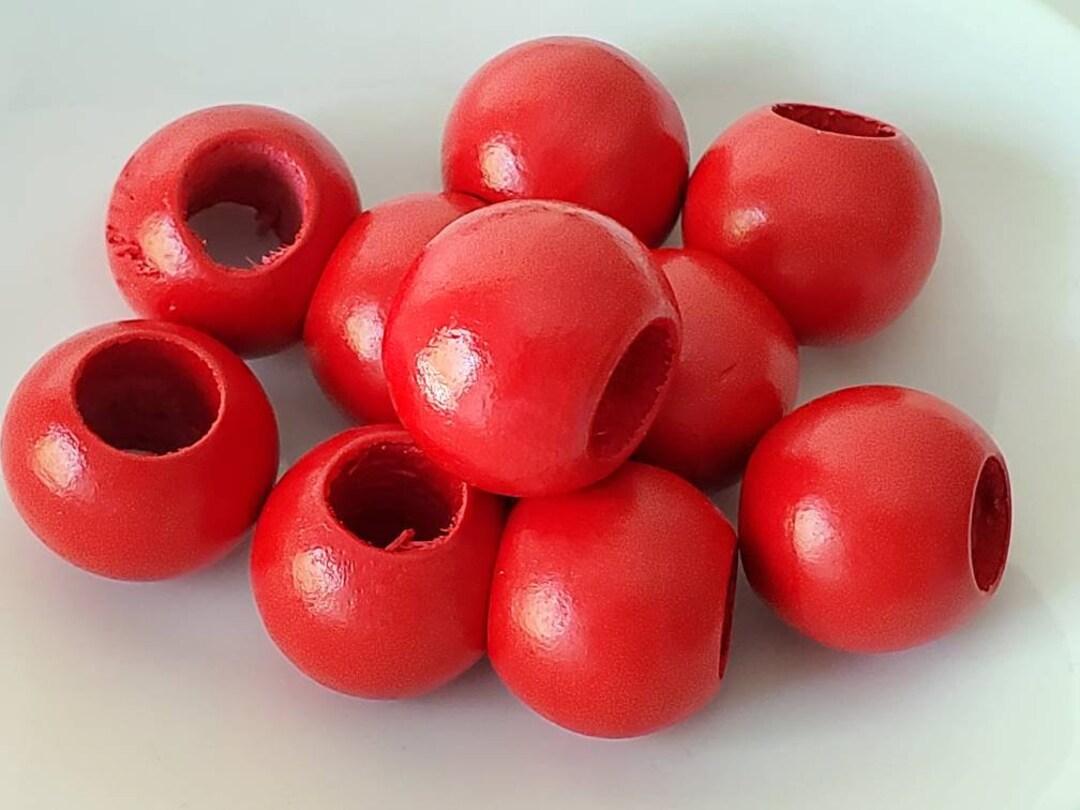 20 Mm Red Wood Beads, 99.5 Mm Hole, 10 Beads, Round Beads, Large Hole