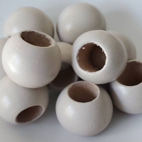 20 mm Beige round wood beads, 9 mm hole, 10 beads, Oyster Gray beads, macrame beads, large hole beads