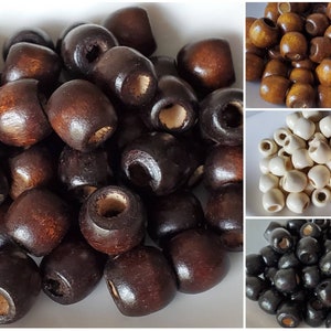 50- 11X12 mm wood barrel beads, 4.5 mm hole, wooden beads, macrame bead, large hole bead, brown beads, black bead, white