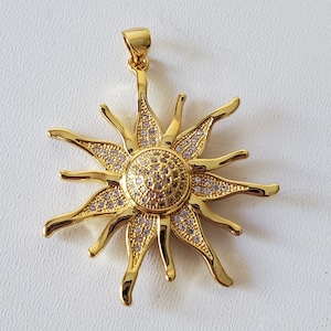 Gold Sun pendant, 18K Gold plated Brass, Micro Pave, clear Cubic Zirconia Pendant, 36X34 mm, 1 pendant