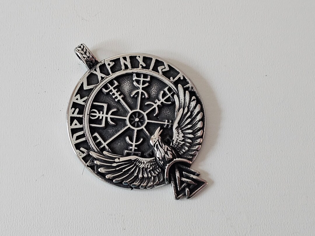 Stainless Steel Viking Compass and Raven Pendant, Vegvisir, Double ...