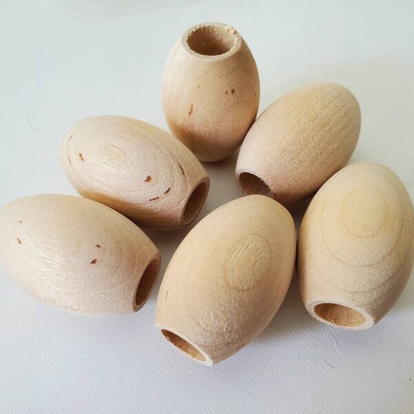 6 Unfinished wood 32X22 mm oval beads, large hole beads, 7/8"X1-1/4", macrame beads, hole size 3/8", jewelry beads, craft beads