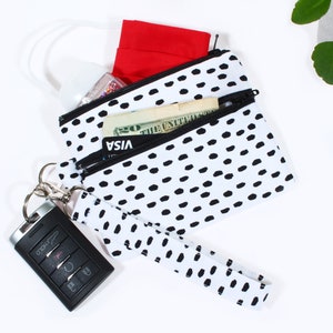 Cartera con llavero minimalista, bolso con doble cremallera, bolso con cremallera de 2 bolsillos, portadocumentos, regalo para mujer, llavero con cordón, puntos blancos y negros
