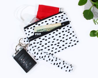 minimalist wristlet keychain wallet double zipper pouch 2 pocket zipper bag ID holder women gift for her key fob lanyard white black dots